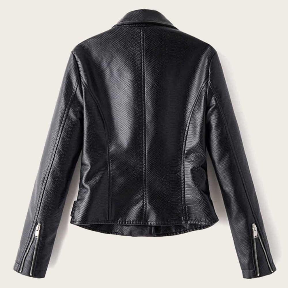black  biker moto leather Zipper jacket motorcycle - Picture 2 of 5